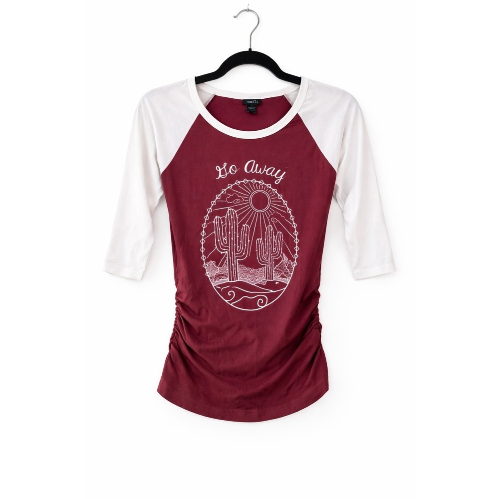 Rue21 Go Away Cactus Graphic Raglan Top XS Burgundy White 3/4 Sleeve Ruched...